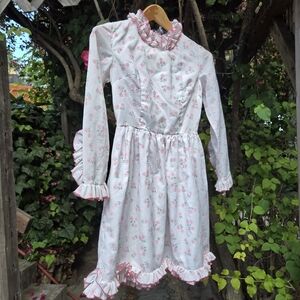 Vintage 60s 70s Romatic White Pink Minidress Ruffle Collar Xs